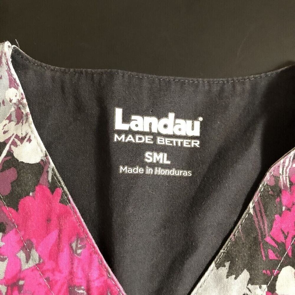 Landau Womens Scrub Top Size Small Pink Gray Black Floral Snap Pockets - Picture 6 of 10